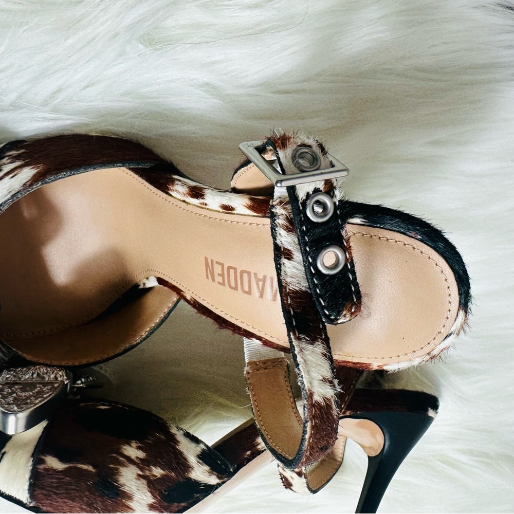Steve Madden Brown White Cow Print Pointed Slingback Heels with Silver Buckles - Picture 10 of 12